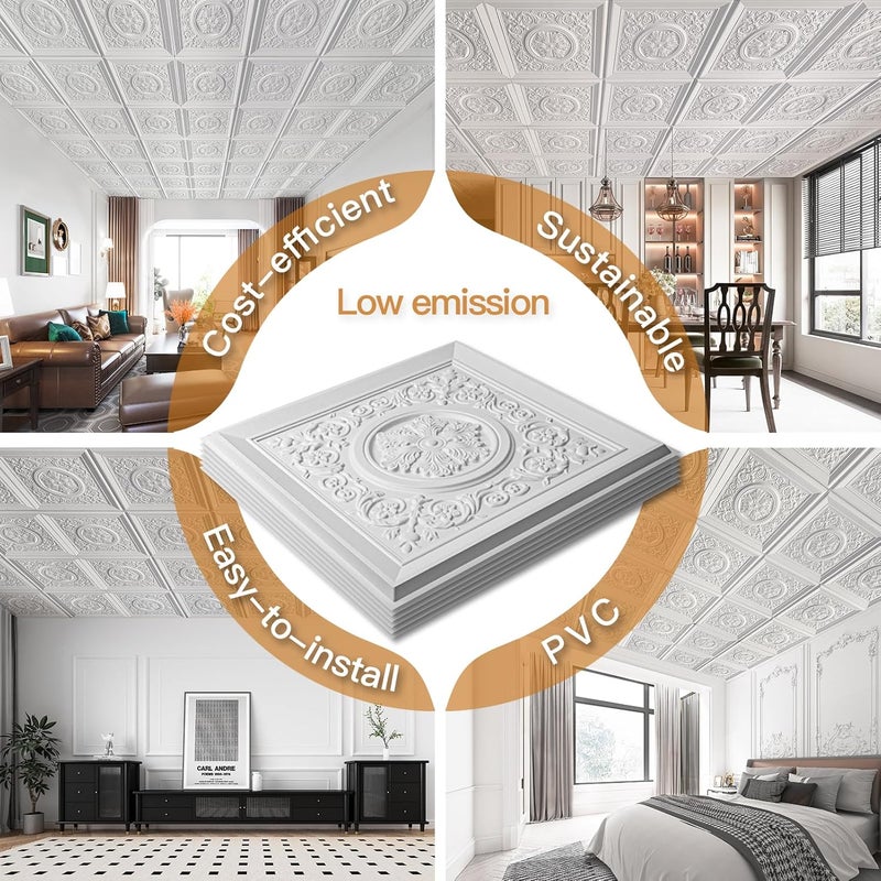 WOWSTAR 12-Pack 24"x24" Drop Ceiling Tiles, Waterproof Glue up Vintage Style 3D Ceiling Tiles, White - Image 5